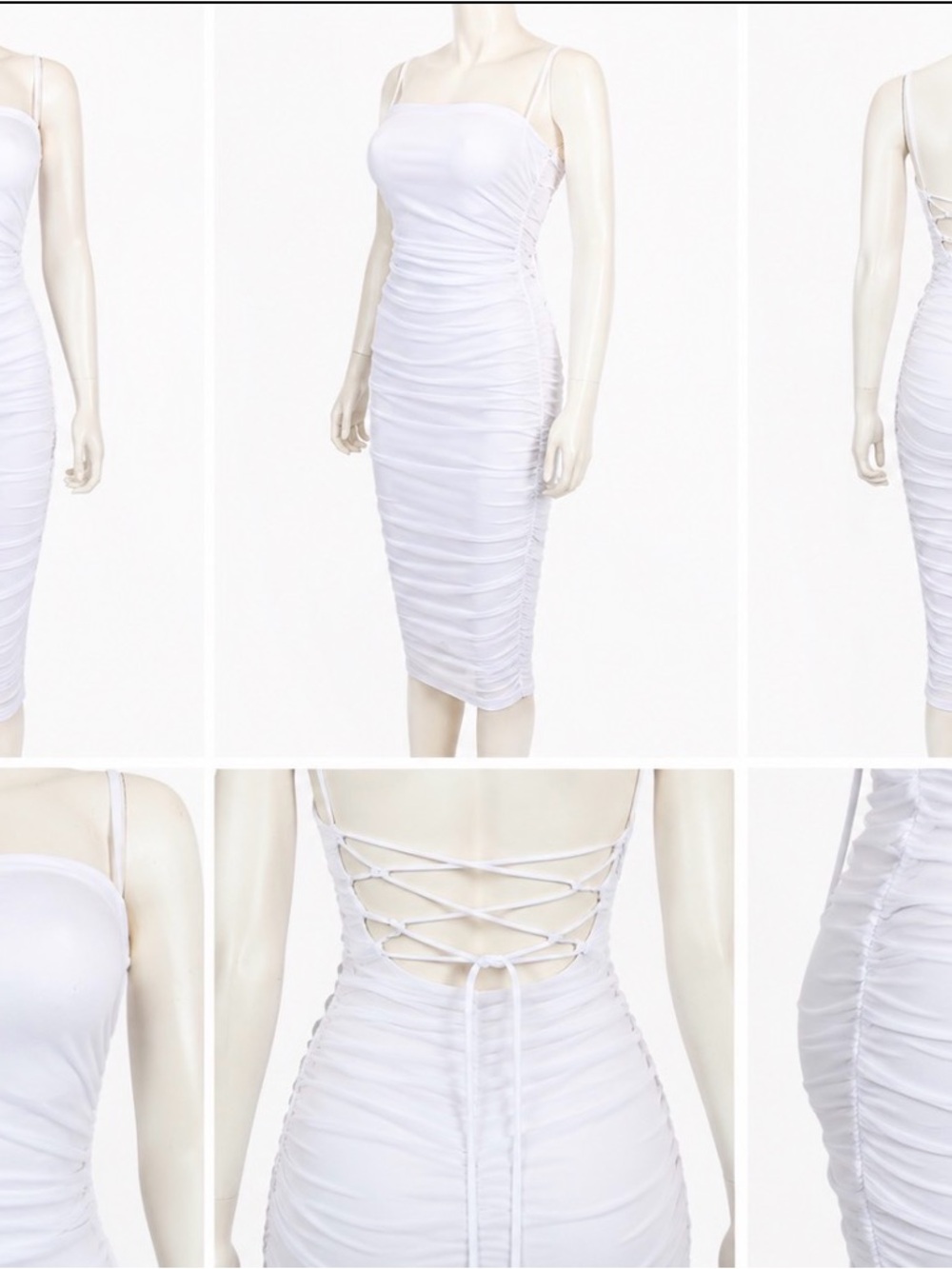 Women’s White Ruched Lace-Up Back Bodycon Dress